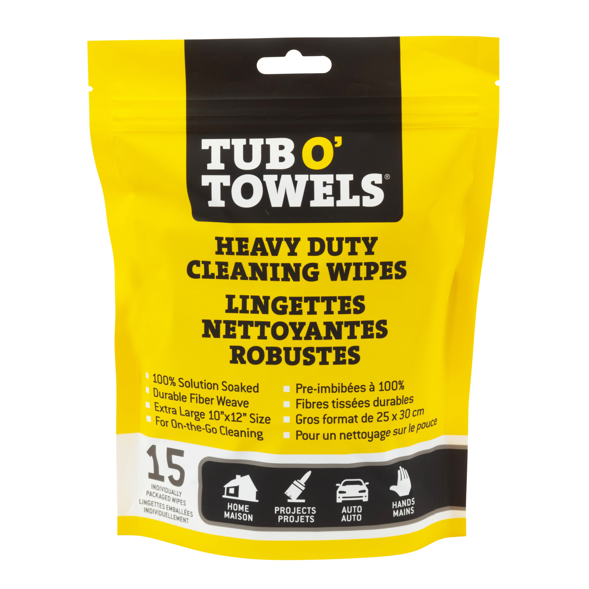 Tub O' Towels, Heavy Duty Cleaning Wipes, 15Ct, Singles, Included (qty.) 15 Material Poly, Length 10 in, Model# TW01-15